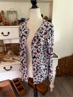 Picadilly Navy Floral Daisy Cardigan with Red Centers